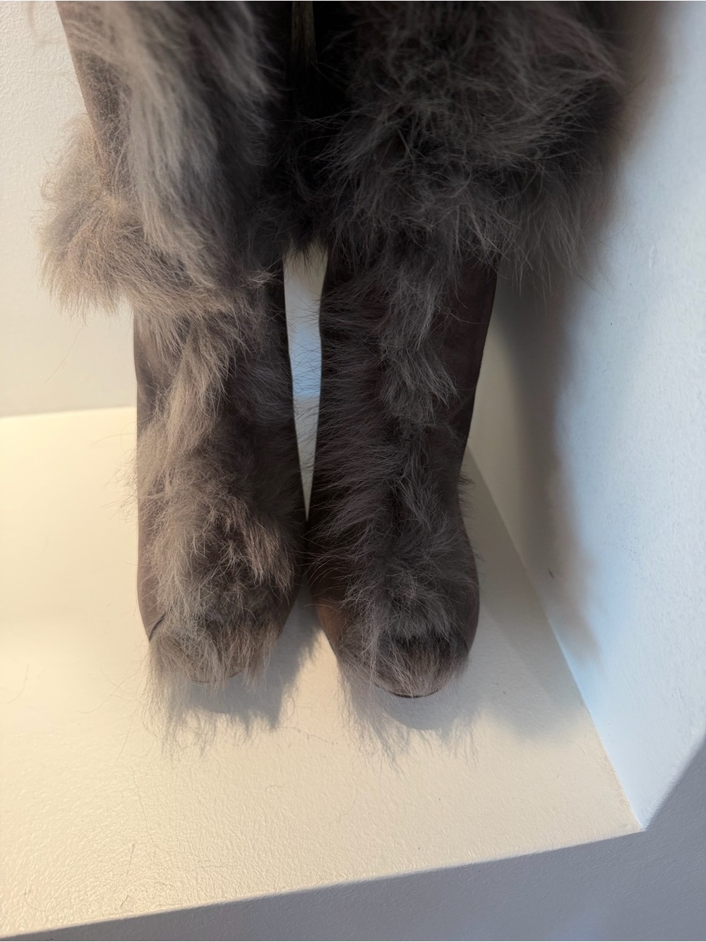 Pedro Garcia Sully Gray Suede Knee-High Fur Heeled Boots Peep Toe - Picture 5 of 7